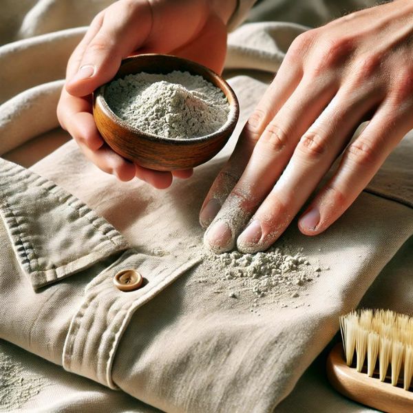 Application de Terre de Sommières sur un tissu pour enlever une tache, avec une main saupoudrant la poudre naturelle sur la zone tachée